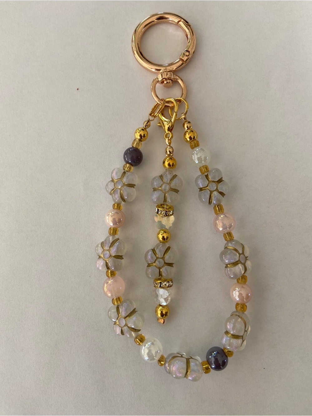 Gold Floral Bead Keychain Wristlet - Pink & Purple